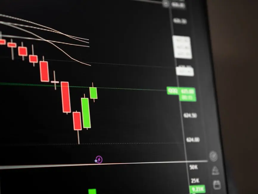 Candlestick chart showing a downward trend in the stock market analysis.